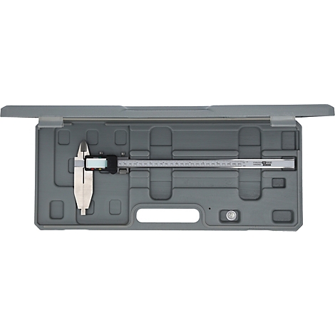 Ein digitales Messschieber-Set in grauem Etui. Der Deckel ist geöffnet.